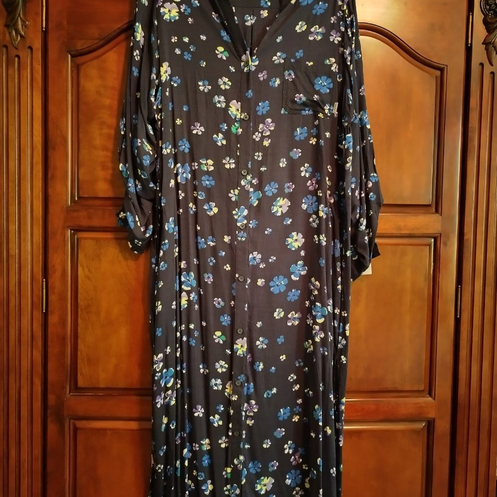 DKNY Maxi Shirt Dress Black Floral Print NWT